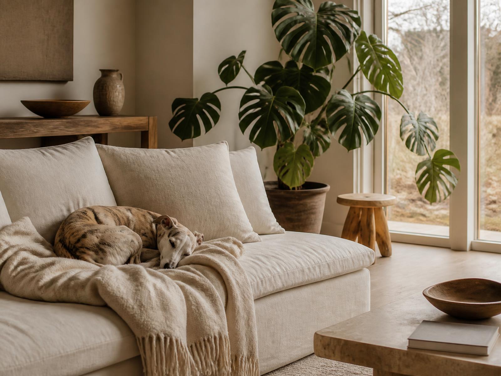 A calm, sunlit living room with a sleeping whippet and a large monstera plant